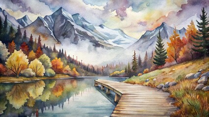 Watercolor painting of autumn mountain landscape with lake and wooden pier. - obrazy, fototapety, plakaty