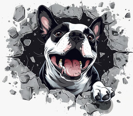 Dynamic Canine Art: T-Shirt Print with Cracked Wall Theme