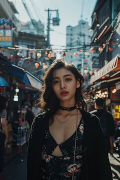 highend fashion photoshoot in traditional market in the afternoon with cinematic lighting, the market buzzling with people in the street, photo taken with k