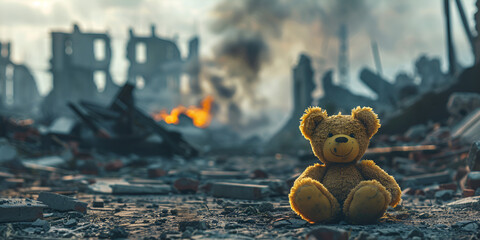teddy bear in ruins of house destroyed at war 
 background image - obrazy, fototapety, plakaty