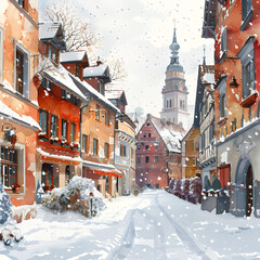 Snowy night in cozy christmas town city panorama. Winter christmas village NIGHT landscape