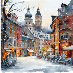 Nice winter old town. Watercolor old buildings. Winter city landscape.