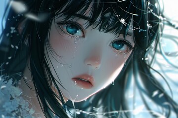 anime shy crybaby beautiful girl screenshot, gradient color background