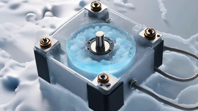 A stepper motor encased in ice, animated to rotate against the frozen surface.