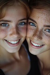 Portrait of two identical sisters. 21 years old. Long beautiful eyelashes. Bright eyes. The leather is as natural as possible. a girl's perfect smile. perfect teeth. smooth, white. hands