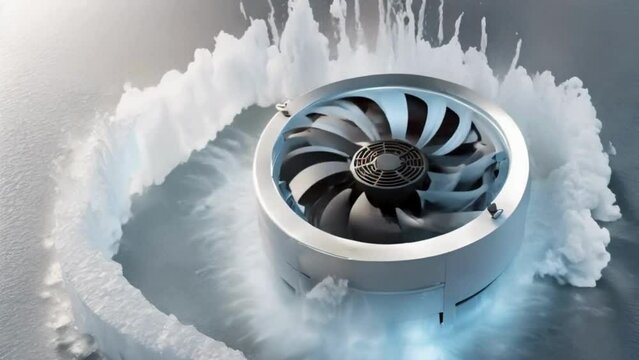An animated cooling fan spinning rapidly within a block of ice, dispersing frosty air