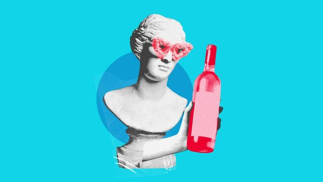 Female antique statue bust in fluffy sunglasses with hand holing bottle of wine on blue background. Stop motion, animation. Concept of party, surrealism, alcohol drinks. Pop art. Noise, grainy effect
