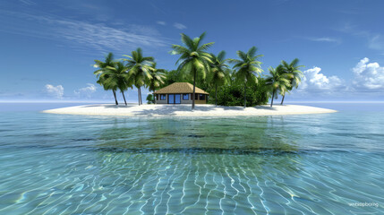 Secluded Tropical Island with a Single Hut Surrounded by Palm Trees, Ultimate Escape