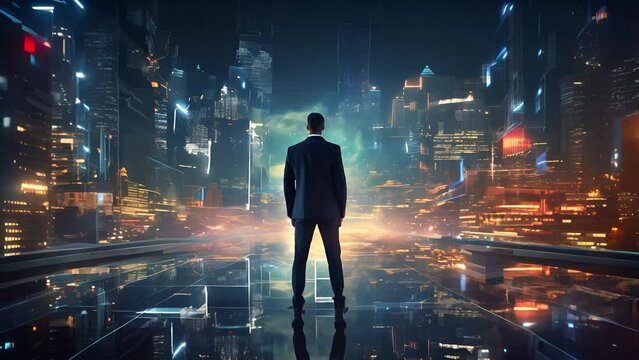 Business technology concept, professional businessman walking on background of future network city and futuristic interface graphics at night, Cyberpunk