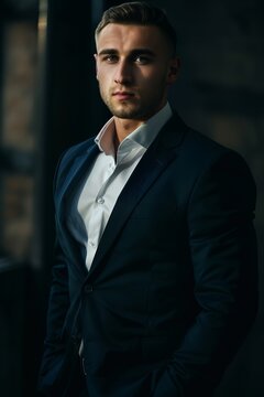Ultra realistic photography of a confident, muscular young man in a suit with short hair. 4k, cinematic, precise --ar 2:3 --style raw Job