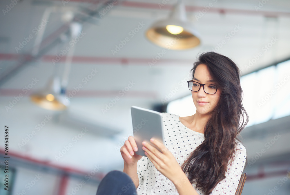 Poster tablet, office and business woman for online research, website news and browse internet. professiona