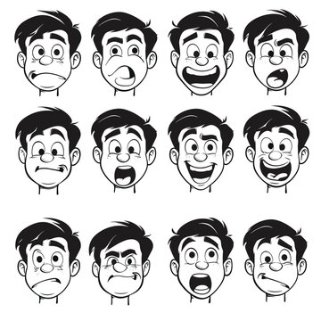 Cartoon faces, varied emotions.