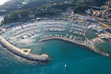 Varazze, Italy - Aerial view of the Yachts and sailboats in the Marina on the Mediterranean Sea