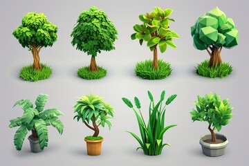 Fototapeta premium Plant shoot, potted houseplant, tree, grass, 3d vector cartoon icon set 