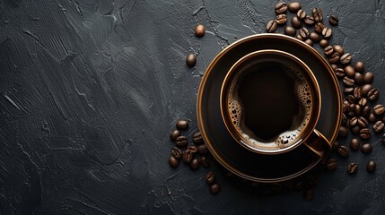 A bold and beautiful cup of black coffee is placed on a rustic black background, creating a captivating blend of elegance as it is surrounded by coffee beans.