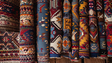 The image captures a vibrant selection of traditional woven rugs, showcasing intricate patterns and rich hues