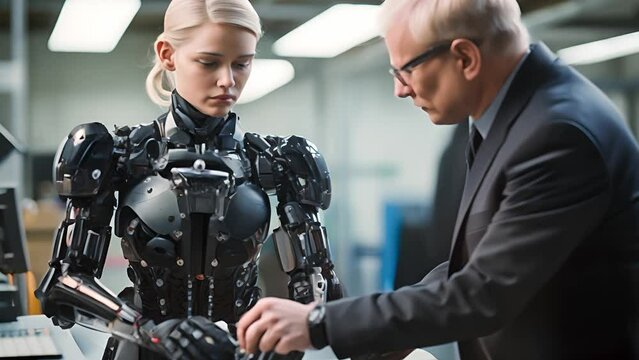 Chief female engineer and top male scientist work on a bionics exoskeleton prototype. In robotics development laboratory. A man scientist with robotic standing in working	