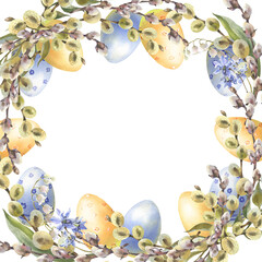 Watercolor Spring flowers - willow branches, leaves and colorful eggs. Floral card, square frame. Watercolor for Easter design. Template for designs , card, wallpaper.