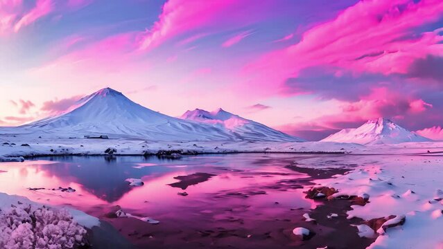A majestic snow-capped mountain in Iceland stands under a glowing crescent moon amidst a twilight sky with hues of pink and blue	