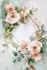 Wedding frame flowery design with a gold border. The flowers are pink and green. The design is very pretty and elegant