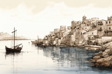  Fishing boat at Greek island. Artwork poster design. Generative Ai - obrazy, fototapety, plakaty