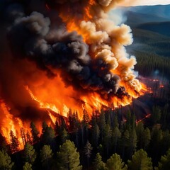 Aerial view of burning forest fire, ecological disaster - 769546703