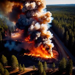 Aerial view of burning forest fire, ecological disaster - 769546713