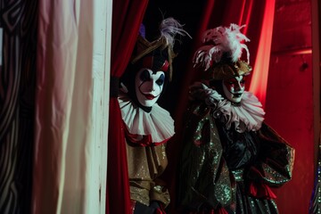 pair of performers in costume awaiting curtain rise