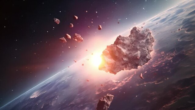 Meteor glowing as it enters the Earth's atmosphere. Planet Earth and big asteroid in the space. Potentially hazardous asteroids. Asteroid in outer space near earth planet	