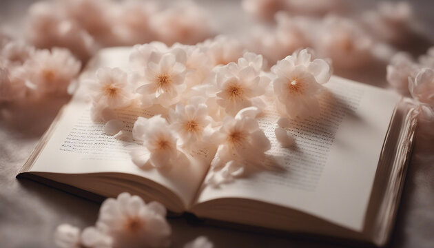 A hyperrealistic close-up of an open book. The pages are made of delicate flower petals, and the words glow with an ethereal light.