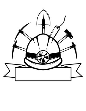 black and white miner helmet with tools clip art preview