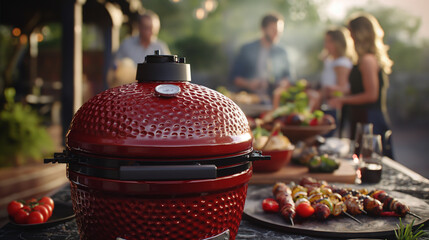 Red ceramic egg grill staying outdoor near dining table surrounded by fresh ingredients and people enjoying a barbecue in the background.