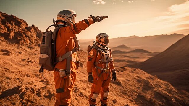 Two astronaut on Mars looking environment for space exploration. Two astronauts in spacesuits walk toward research station, colony or scientific base on Mars. Mars exploration	