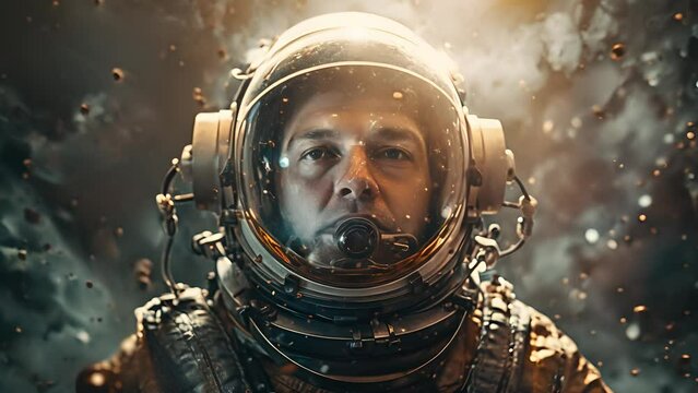 Head shot of attractive man astronaut wearing a helmet in outer space looking at planet earth. Man astronaut wearing space helmet and suit. Space travel and exploration. Mars exploration