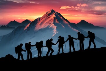 Team of people holding hands and helping each other to reach the mountain top. Cooperation, synergy and teamwork concept. - obrazy, fototapety, plakaty