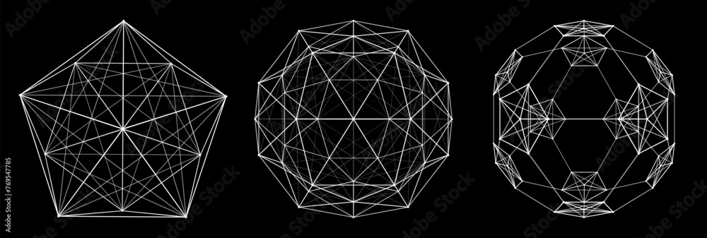 Poster Set of spheres. Abstract 3D spheres of particles and lines. Futuristic digital technology. Network or connection. Vector illustration.