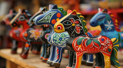 A vivid display of traditional Swedish Dala horses, showcasing the intricate floral patterns and bright colors associated with this folk art