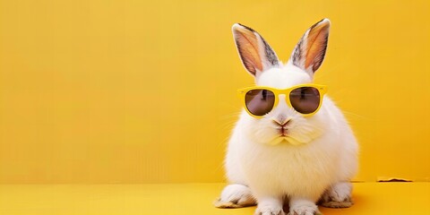 white rabbit in sunglasses isolated on yellow background, cute easter pet