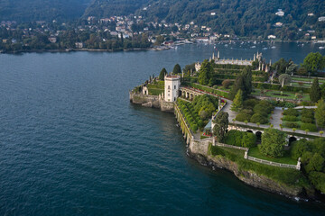 Isola Bella is one of the Borromean Islands of Lake Maggiore in north Italy. Isola Bella and Stresa town aerial panoramic view. Lake Maggiore, island, Isola Bella, Italy.