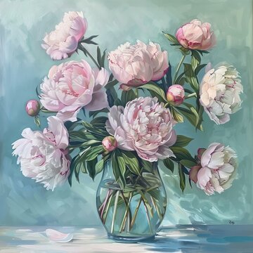 bouquet of pink peonies in glass vase, oil painting, home decor wall art interior design