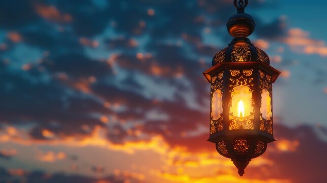 An evocative image featuring a lit Ramadan lamp
