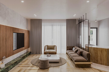 A room in a luxury living. Wall-mounted TV, sofa, and armchair on a window white and gray background.