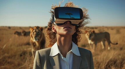Black Woman an In VR Headset Expressing Amazement, Virtual Safari Adventure, Lions In Background, Immersive Technology Experience, Virtual Reality, AI Generated - obrazy, fototapety, plakaty