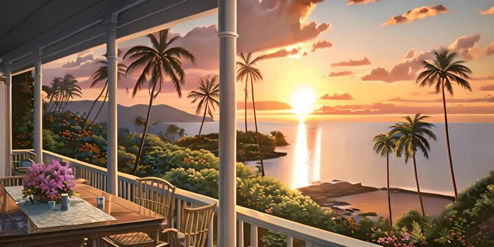 A painting of a sunset over the ocean from a balcony. 4K Video