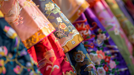 An array of brightly colored traditional Asian silk fabrics, showcasing various floral and intricate patterns