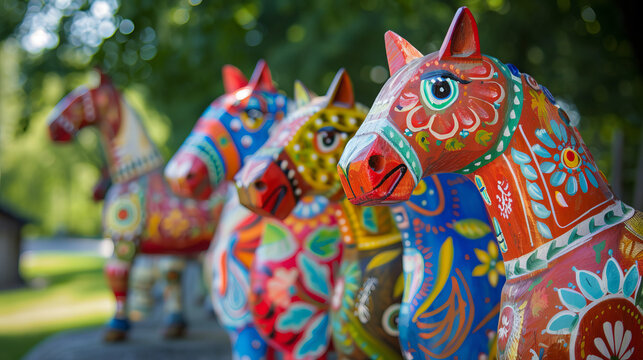 A row of handmade, vibrantly painted Dala horses line up outdoors, reflecting a popular Swedish craft and cultural symbol