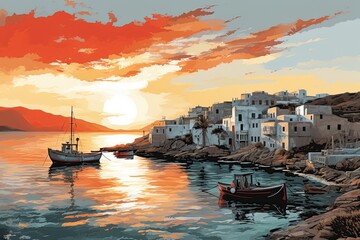 Fishing boat at Greek island. Artwork poster design. Generative Ai - obrazy, fototapety, plakaty