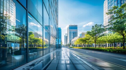 Modern buildings and a pristine road mirrored perfectly on a glass wall