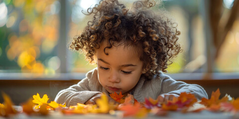 Young girl with curly hair concentrating on crafting with autumn leaves on a well-lit wooden table - obrazy, fototapety, plakaty