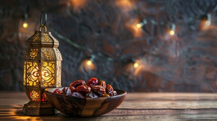 A traditional scene featuring a wooden bowl filled with succulent dates